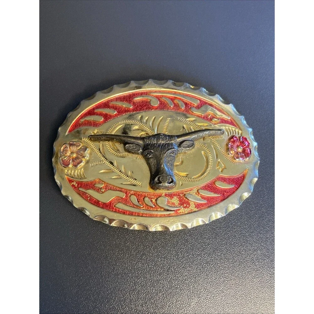 Large Western Bull Cowboy Cowgirl Gold Metal Belt Buckle Longhorn